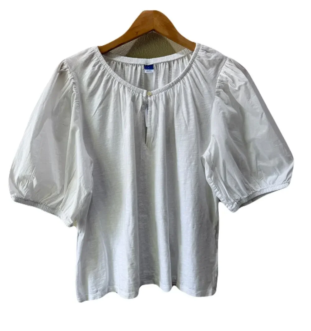 White Peasant Blouse Shirt Puff Sleeves Woven Cotton Tie Front NEW WITH TAGS L